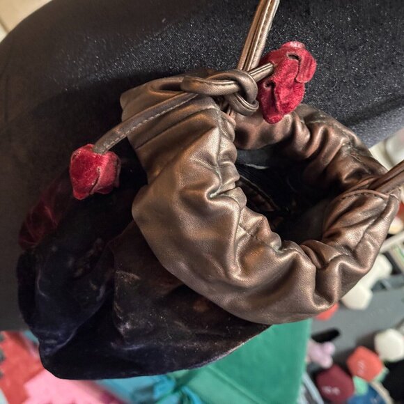 Velvet + Leather Small Drawstring Bucket Bag, Multi-Color with Velvet Flowers - Picture 8 of 15